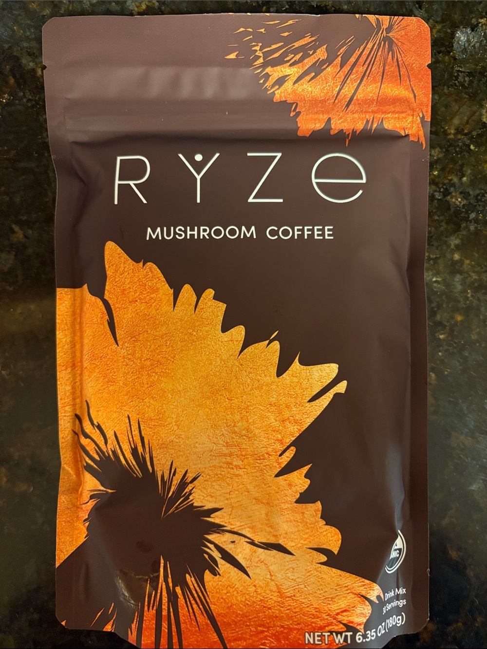 RYZE Superfoods Mushroom Coffee - Brown & Metallic Orange Packaging